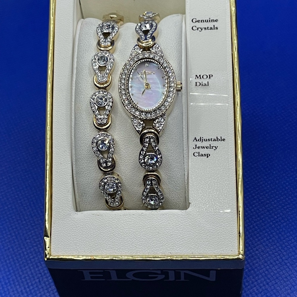 Women's Gold-Tone Crystal Bracelet Watch with Mother-of-Pearl Dial